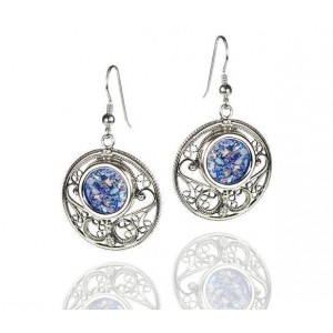 Rafael Jewelry Sterling Silver Earrings with Roman Glass & Carvings Boucles d'Oreilles