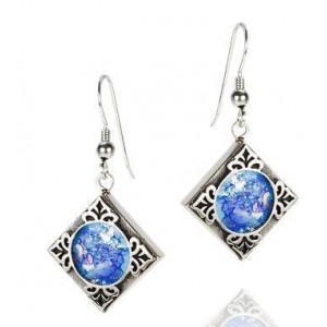 Rafael Jewelry Rectangular Sterling Silver Earrings with Roman Glass & Leaf Ornament Boucles d'Oreilles