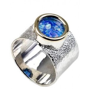 Sterling Silver Ring with Roman Glass and 9k Yellow Gold-Rafael Jewelry Bagues Juives