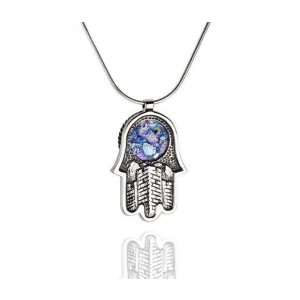 Hamsa Pendant in Sterling Silver & Roman Glass with Jerusalem Motif Rafael Jewelry Designer Colliers & Pendentifs
