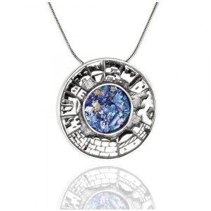 Round Roman Glass Pendant in Sterling Silver with Jerusalem Motif Rafael Jewelry Designer Jerusalem Jewelry