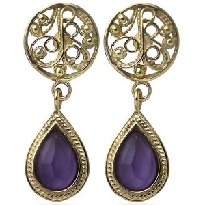 Rafael Jewelry Designer 14k Yellow Gold Earrings with Amethyst Stone Boucles d'Oreilles
