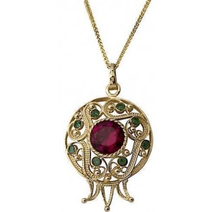 14k Yellow Gold Pendant with Ruby & Emerald in Pomegranate Shape Rafael Jewelry Designer Rafael Jewelry