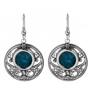 Round Sterling Silver Earrings with Eilat Stone and Swirling Carvings-Rafael Jewelry Boucles d'Oreilles