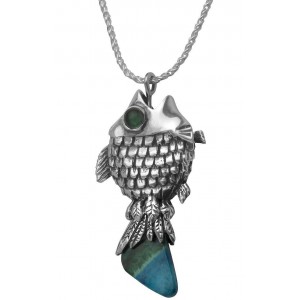 Sterling Silver Fish Pendant with Eilat Stone & Emerald by Rafael Jewelry Colliers & Pendentifs