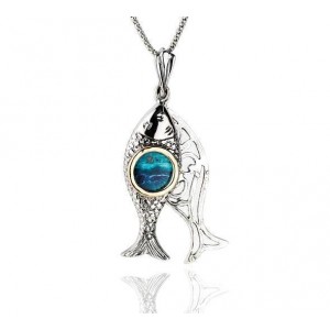 Fish Pendant in Sterling Silver with Eilat Stone & Gold-Plating by Rafael Jewelry