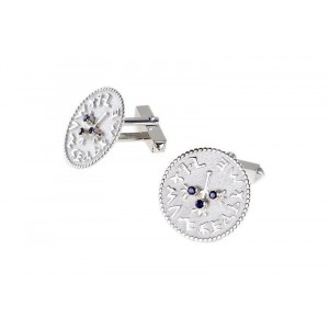 Silver Shekel Cufflinks with Holy Jerusalem Engraving in Ancient Hebrew & Sapphire by Rafael Jewelry Accessoires
