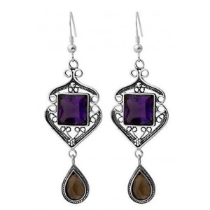 Sterling Silver Earrings with Amethyst & Smoky Quartz by Rafael Jewelry
 Boucles d'Oreilles