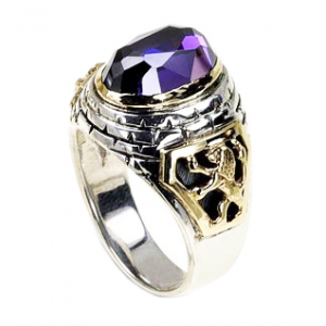 Rafael Jewelry Sterling Silver Ring with Yellow Gold Lion of Judah & Jerusalem Motif and Amethyst Bagues Juives