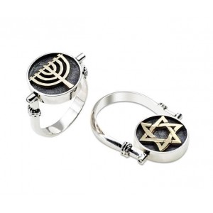Double Sided Sterling Silver Ring with Star of David & Menorah in 9k Yellow Gold by Rafael Jewelry Bagues Juives
