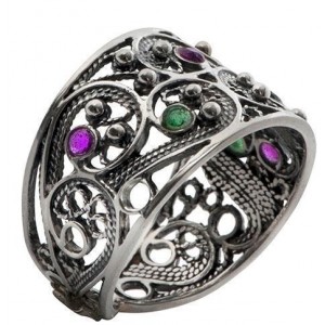Sterling Silver Ring Filigree & Emeralds and Ruby by Rafael Jewelry Bagues Juives