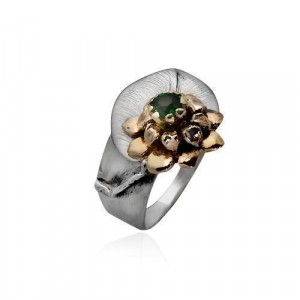 Rafael Jewelry Flower Ring in Sterling Silver and 9k Yellow Gold with Emerald Rafael Jewelry