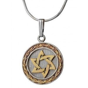 Round Star of David Pendant with Olive Branch in Yellow Gold & Sterling Silver by Rafael Jewelry Colliers & Pendentifs