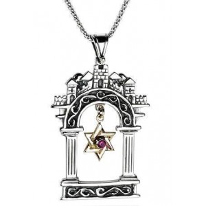 Jerusalem Gates Pendant with Star of David in Sterling Silver & Ruby by Rafael Jewelry Colliers & Pendentifs