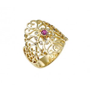 14k Gold Ring with Diamond & Ruby and Heart Motif Rafael Jewelry Designer Bagues Juives
