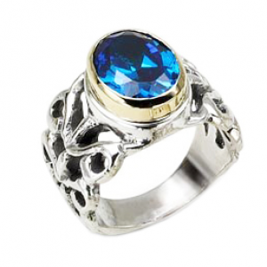 Sterling Silver Ring with Carvings and Blue Topaz Stone Rafael Jewelry