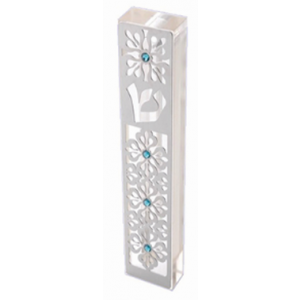 Clear Mezuzah with Silver Flower Design with Turquoise Gems Dorit Judaica