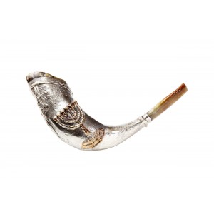 Ram's Polished Horn with a Silver Sleeve & Menorah Decoration by Barsheshet-Ribak