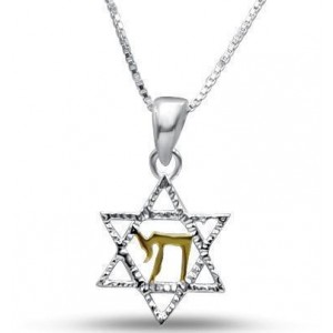 Star of David Necklace in Sterling Silver with Gold-Plated Chai Colliers & Pendentifs