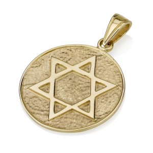 14K Yellow Gold Star of David Pendant with Textured Disk Star of David Jewelry