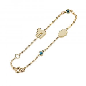 Chai and Evil Eye Bracelet in 14K Yellow Gold By Ben Jewelry Ben Jewelry