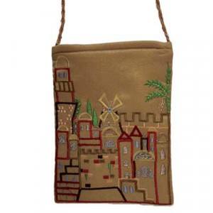 Yair Emanuel Designed Embroidered Handbag with Golden Jerusalem Design
