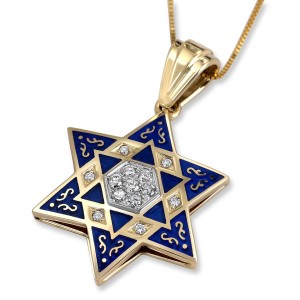 14K Gold and Blue Enamel Star of David Pendant with Diamonds Colliers & Pendentifs