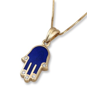 14K Gold Hamsa Pendant with Blue Enamel and Diamonds Colliers & Pendentifs