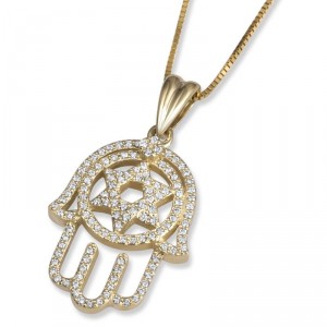 14K Gold Star of David and Hamsa Pendant with Diamonds Colliers & Pendentifs