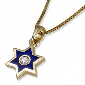 14K Yellow Gold Star of David Pendant Featuring Diamond and Blue Enamel Colliers & Pendentifs