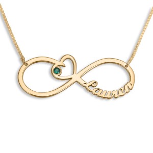 24K Gold-Plated English/Hebrew Infinity Necklace With Birthstone and Heart Bijoux de Bat Mitzva