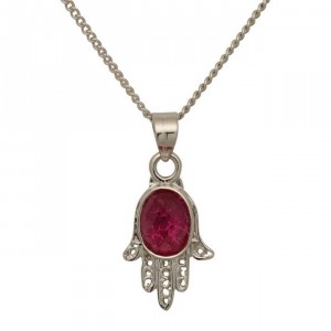 Rhodium Plated Pendant with Hamsa Design and Ruby Colliers & Pendentifs