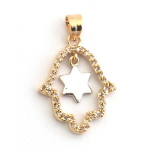 Gold and Rhodium Plated Hamsa with Zircons and Star of David Colliers & Pendentifs
