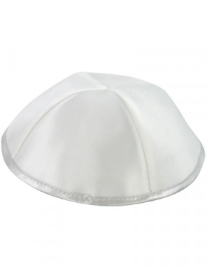 White Satin Kippah with Four Sections and Silver Rim (17cm)