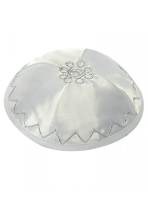 White Satin Kippah with Silver Embroidery 15 CM Bar Mitzvah
