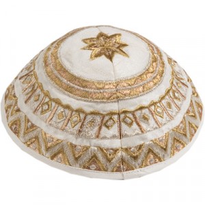 White Kipah by Yair Emanuel with Gold Geometric Embroidery Kippas