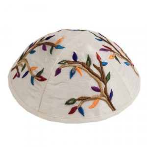 Colorful Tree Embroidery on White Kippah by Yair Emanuel Bar Mitzvah

