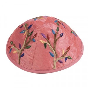 Yair Emanuel Pink Kippah with Colorful Tree Embroidery Kippas