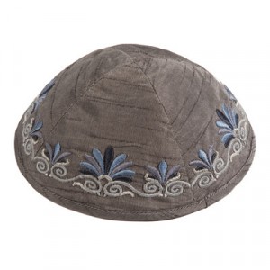 Kipah Yair Emanuel with Date Palm Embroidery in Gray and Blue Kippas