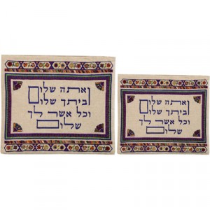 Purple Yair Emanuel Veata Shalom Embroidery on Linen Tefillin and Tallit Bags Pochettes de Talit