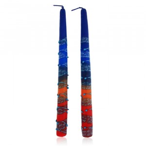 Safed Candles Shabbat Candle Pair in Blue, Orange and Red Shabbat