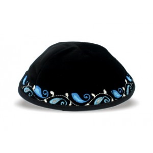 Black German Velvet Kippah with Blue and White Paisley Design Bar Mitzvah

