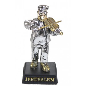 Silver Polyresin Figurine with Gold Colored Shoes, Beard and Fiddle Jewish Souvenirs