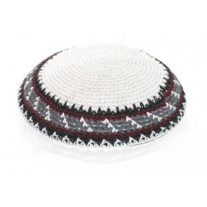 15 Centimetre White Knitted Kippah with Black, Red and Grey Geometric Pattern Kippas