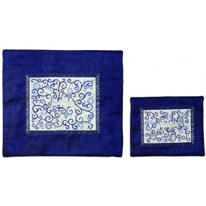 Yair Emanuel Tallit Bag Set in Blue with Pomegranates and Grapes Pochettes de Talit
