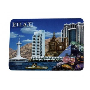 Rectangular Plastic Magnet with Eilat Landmarks and English Text in White Jewish Souvenirs