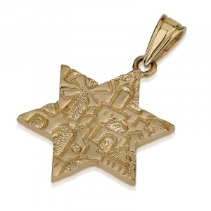 14k Yellow Gold Star of David Pendant with Detailed Jerusalem Homes Colliers & Pendentifs