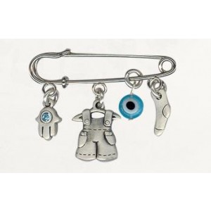 Baby Diaper Pin with Silver Clothing and Hamsa Charms and Swarovski Crystals Epingles à Nourrice