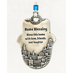 Silver Hamsa Home Blessing with English Text and Sweeping Jerusalem Panorama Jewish Home Blessings