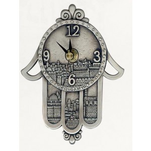 Silver Hamsa Clock with Jerusalem Panoramas, Scrolling Lines and English Text Danon